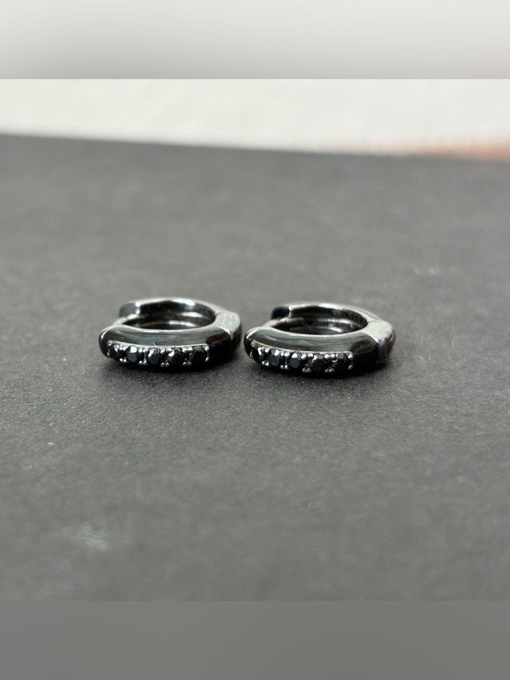 Black Hoop Huggie Earrings with Accent Stones- 925 Sterling Silver